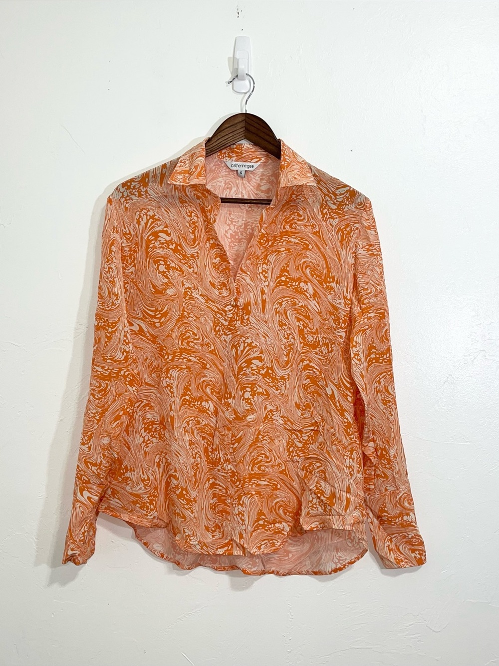 Catherine Gee Daria French Cuff Silk Blouse Orange Sorbet Swirl
